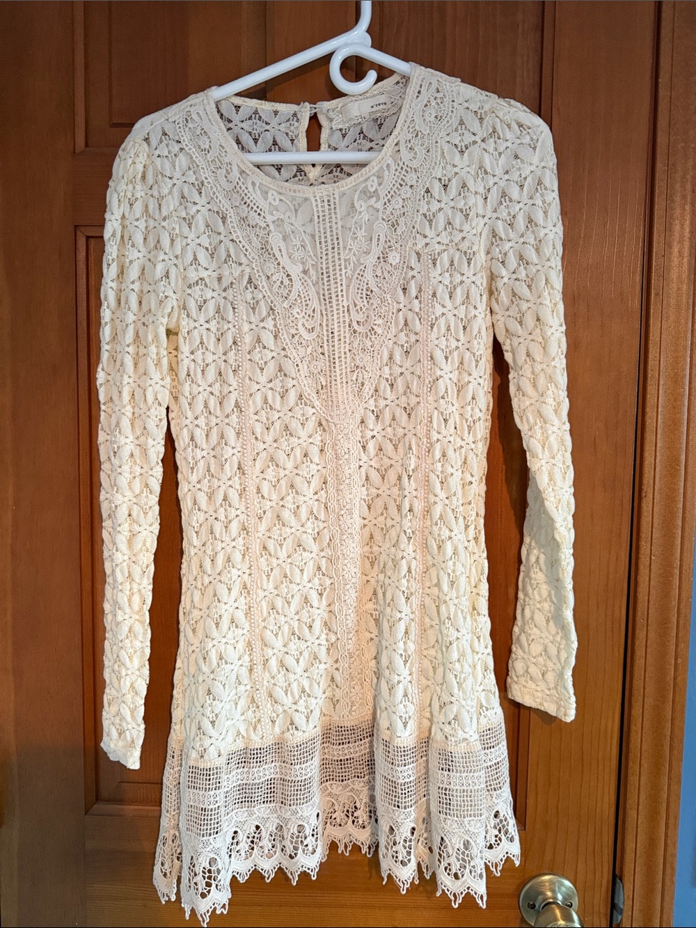 Areve Cream Crochet Long-Sleeve Tunic Dress